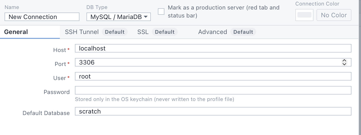 새 연결 폼(General 탭). Name 칸에 “New Connection”, DB Type 드롭다운에 “MySQL / MariaDB”, 그 옆에 “Mark as a production server (red tab and status bar)” 체크박스. 아래로 Host localhost, Port 3306, User root, Password 빈 칸과 그 아래 설명 줄, Default Database scratch.