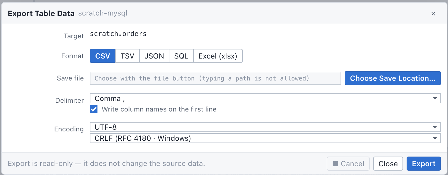 테이블 데이터 내보내기 창. CSV, TSV, JSON, SQL, Excel (xlsx) 형식 버튼과 저장 위치, 구분자, 인코딩 칸.